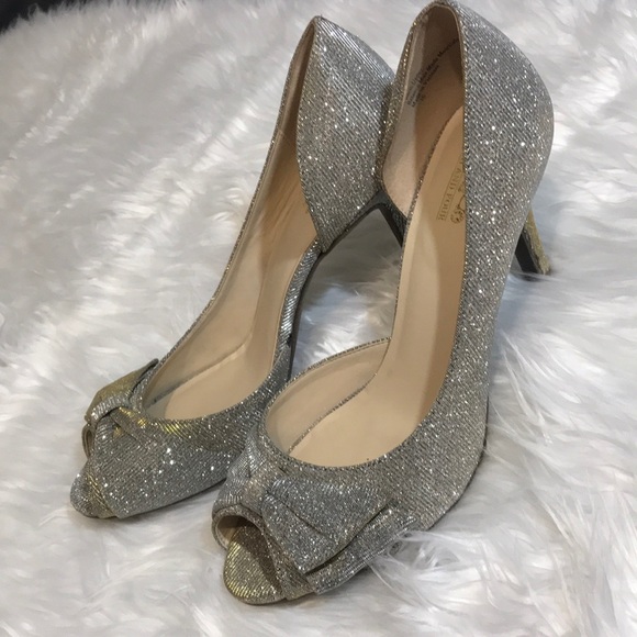 metallic open toe heels